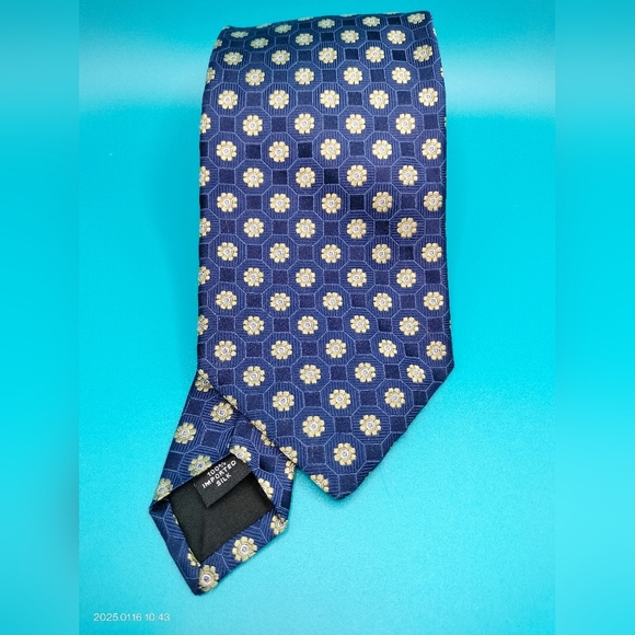 JOSEPH ABBOUD Necktie Tie Imported Silk Blue Yellow Flowers and Squares Designer - Picture 1 of 9
